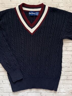 Par Four Navy V-Neck Cable Knit Sweater with Maroon & Cream Trim